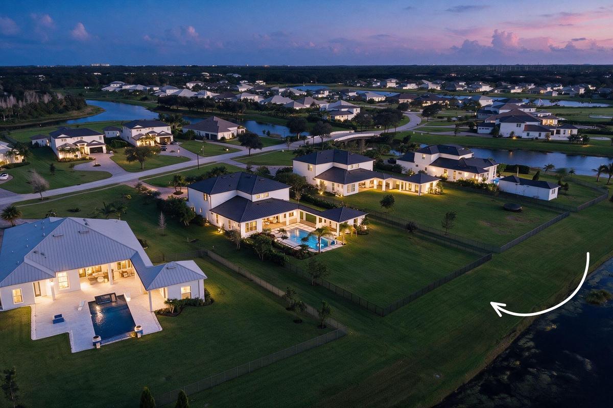 Aerial perspective of a sprawling property featuring a vast manicured lawn, an expansive rear lot boundary, and direct waterfront access