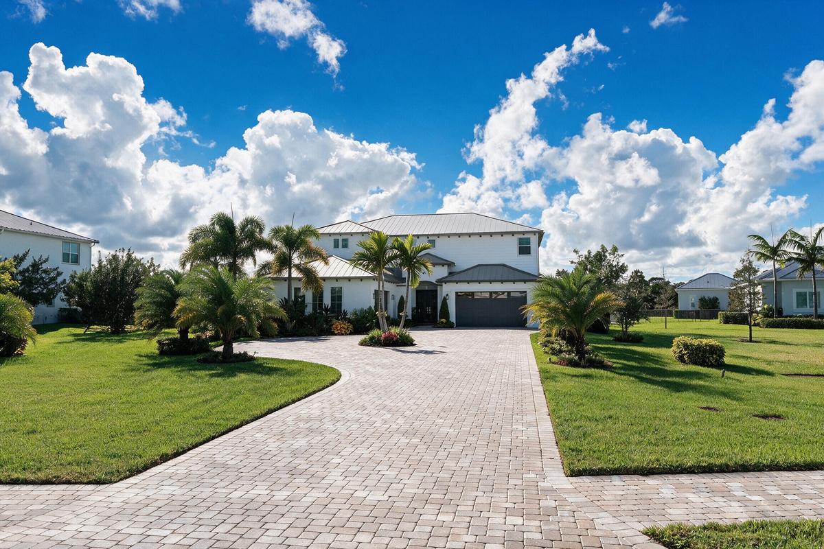 Two-story exterior featuring white stucco siding, a metal roof, an attached garage, and a paver driveway set within a landscaped lawn