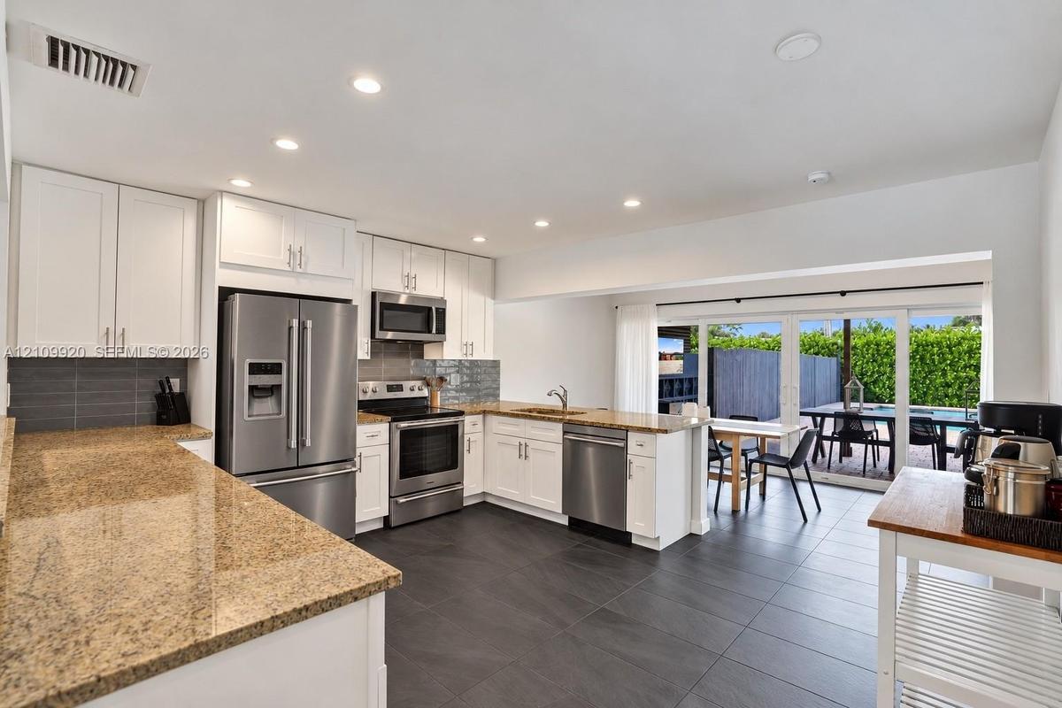 Residence 1753 (Right Side) – Kitchen featuring white cabinetry, granite countertops, stainless steel appliances, and a spacious dining area with hurr