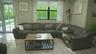 Neutral-toned living space featuring large-format ceramic tile flooring, a multi-pane glass door, and expansive windows