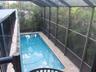 Screen-enclosed swimming pool featuring natural stone decking, metal structural framing, and palm tree perimeter foliage