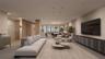 Open-concept interior featuring floor-to-ceiling glass paneling, a stone-clad kitchen island, integrated wood-finish cabinetry, recessed lighting, and