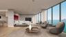 Open-concept interior featuring floor-to-ceiling glass walls, wood-finish flooring, a waterfall-edge stone kitchen island, recessed lighting, and buil
