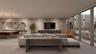 Open-concept interior featuring light wood-finish flooring, recessed lighting, and expansive floor-to-ceiling windows