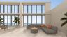 Expansive covered terrace featuring floor-to-ceiling windows, light-toned tiled flooring, and structural pillars