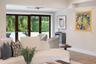 Multi-panel dark-finish sliding glass doors, recessed lighting, ceiling fan, and wood-finish flooring