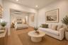 Open-concept living space featuring wood-finish flooring, recessed lighting, and a wall-mounted ductless air conditioning unit