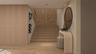 Staircase featuring wood-finish treads, a vertical wood-plank accent wall in a chevron pattern, and a concealed flush-mount door with wood-finish pane