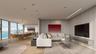Open-concept interior featuring large-format tile flooring, recessed ceiling lighting, light wood-finish wall paneling, and a wall-mounted custom medi