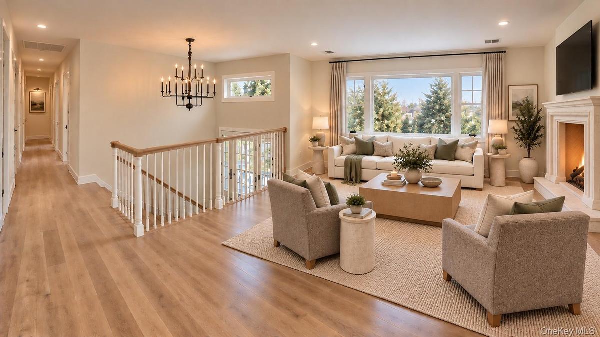 Living Room & Foyer | Virtually Staged & Digitally Enhanced – An elegant, light-filled living room showcasing beautiful white oak flooring, expansive 
