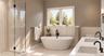 Primary Bathroom | Virtually Staged & Digitally Enhanced – Luxurious, spa-inspired retreat featuring a freestanding soaking tub, glass-enclosed shower