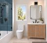 Hall Bathroom | Virtually Staged & Digitally Enhanced – Another view highlighting the beautiful wood vanity, sleek matte-black fixtures, and striking 