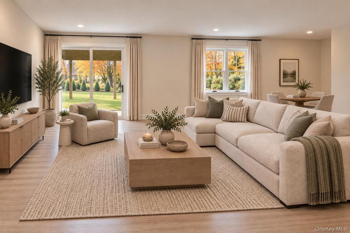 Lower Level Family Room | Virtually Staged & Digitally Enhanced – Beautifully appointed, light-filled family room featuring white oak flooring and an 