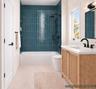 Hall Bathroom | Virtually Staged & Digitally Enhanced – Beautifully appointed full bath featuring striking blue tile, a tub/shower combination with ma