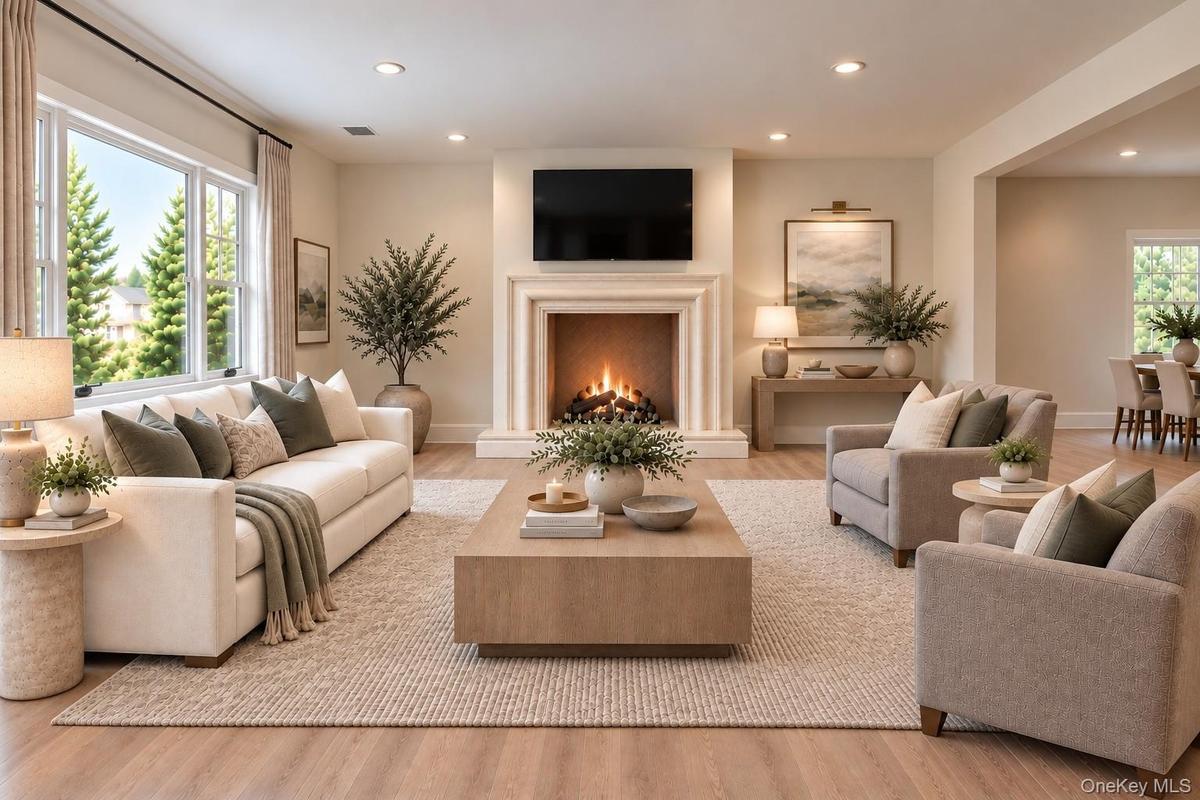 Living Room & Fireplace | Virtually Staged & Digitally Enhanced – Elegant, sun-filled living room featuring white oak flooring, expansive windows, and
