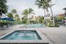 Outdoor swimming pool and spa featuring a stone-paver deck, built-in steps, and surrounding palm trees