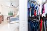 Walk-in closet featuring tiered wire shelving and a multi-room perspective including polished tile flooring, a tray ceiling, and a ceiling fan