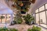 Enclosed courtyard featuring large-format stone pavers, a slatted timber pergola, floor-to-ceiling glass panel walls, and landscape lighting