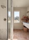 Bathroom Walk-in Shower with Marble & Subway Tile & Nickel Fixtures