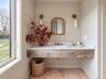 Full Bathroom with Terra Cotta Tile Floor, Carrara Marble Top Sink