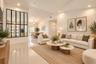 Vaulted ceilings, polished tile flooring, recessed lighting, and a prominent black-framed glass wall partition