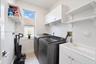 Laundry room featuring white shaker-style cabinetry, open wall shelving, a built-in utility sink with a chrome faucet, and tile flooring