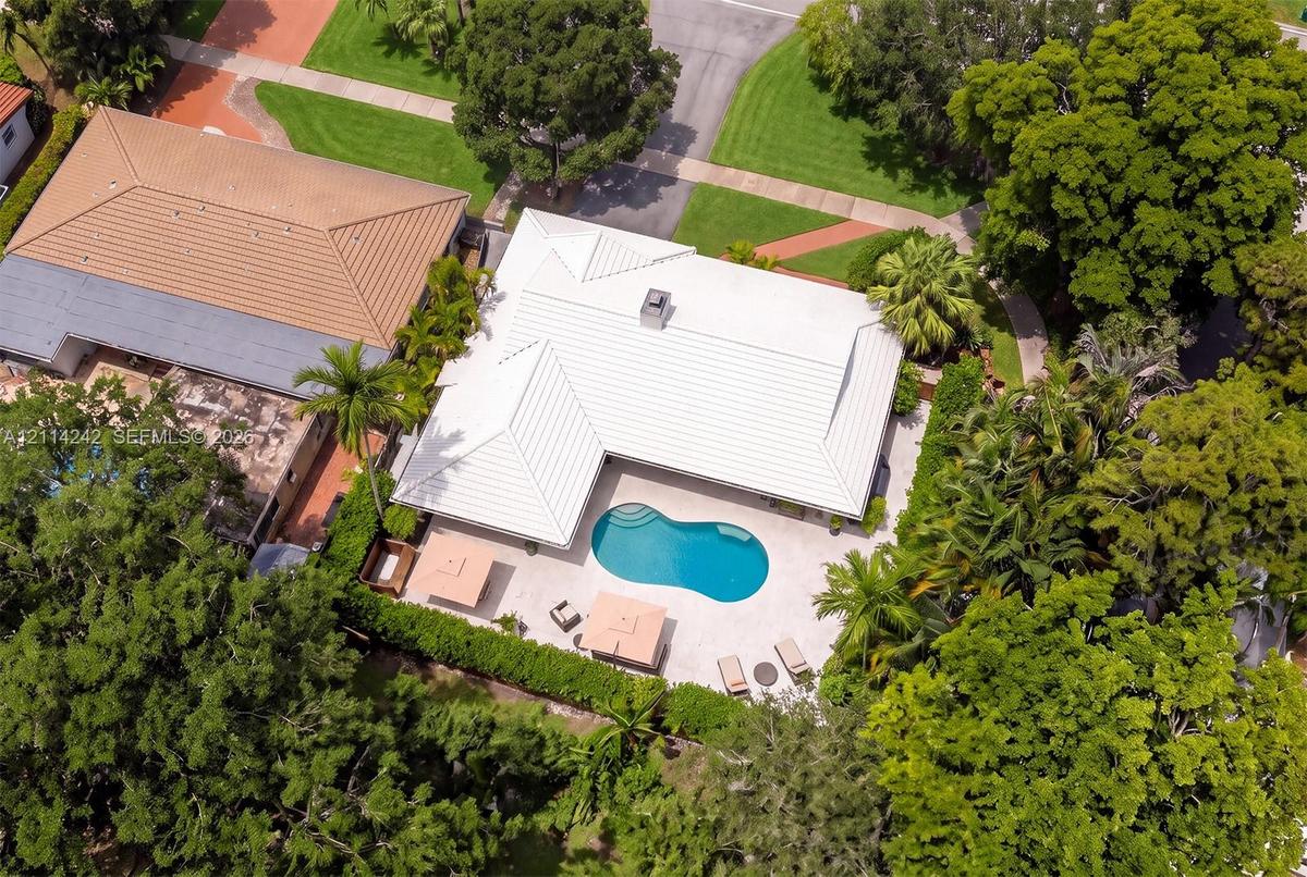 Aerial perspective of a property featuring a white metal roof, an in-ground swimming pool, a concrete patio, and extensive mature tree canopy