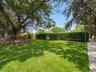 Expansive lawn area featuring mature specimen trees and a decorative arched metal gate integrated into a manicured privacy hedge