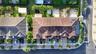 Aerial perspective featuring a multi-unit residential structure with a hipped tile roof, integrated solar panels, private paver driveways, and landsca