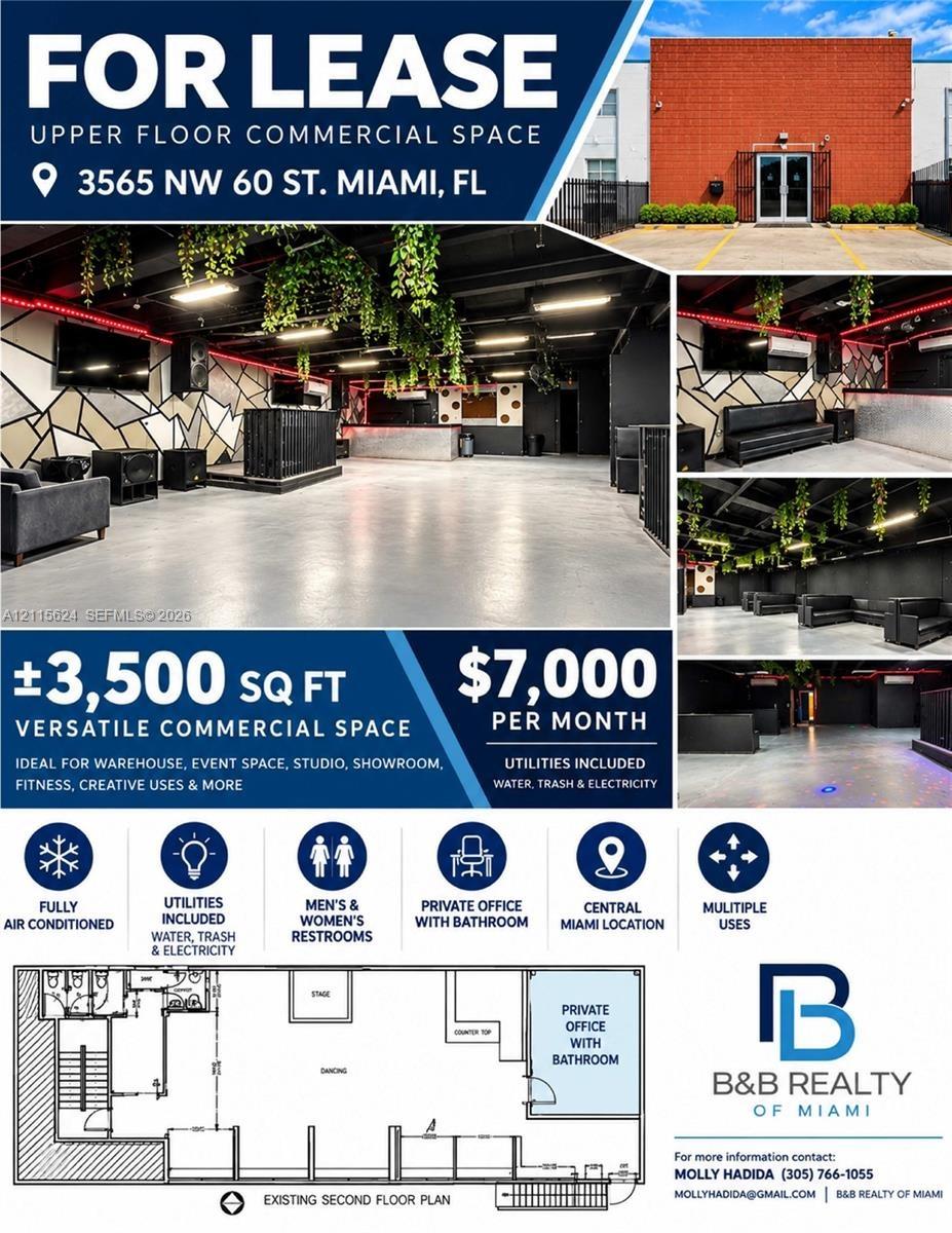 Commercial Lease Listing. Providing building specifications, floor plan, and service terms for the property