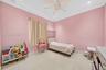 Room featuring large-format tile flooring, crown molding, a central ceiling fan, and built-in wall shelving