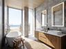 Rendering, virtually staged. Primary bath.