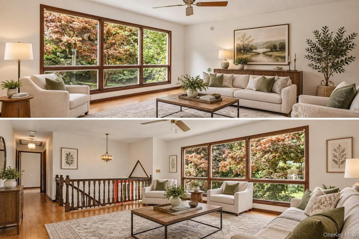 Living room with large windows and hardwood floors / Virtually staged