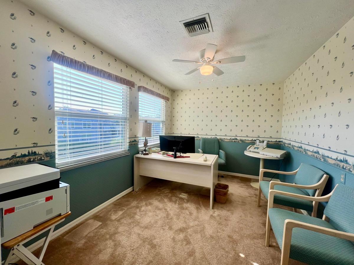 Textured wall covering with patterned accents, dual windows featuring horizontal blinds, ceiling fan with integrated lighting, and plush carpet floori