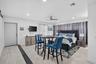 Recessed lighting, ceiling fan, tile flooring, and a built-in wall unit
