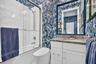 Second Guest Bedroom Bath with bidet toilet, wallpaper, stone vanity.