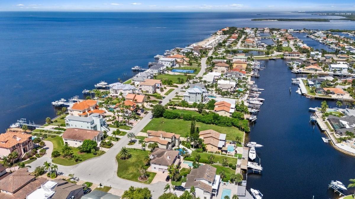 Aerial View looking North of Gulf, Deep water channel  and private beach