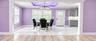 Recessed ceiling with accent lighting, crystal chandelier, white trim, and large windows