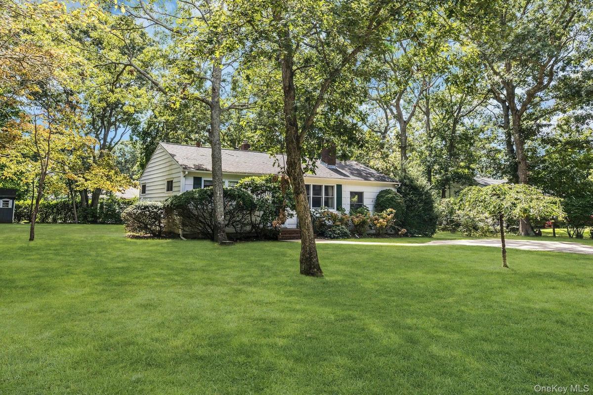 Expansive green lawn with mature trees and established landscaping