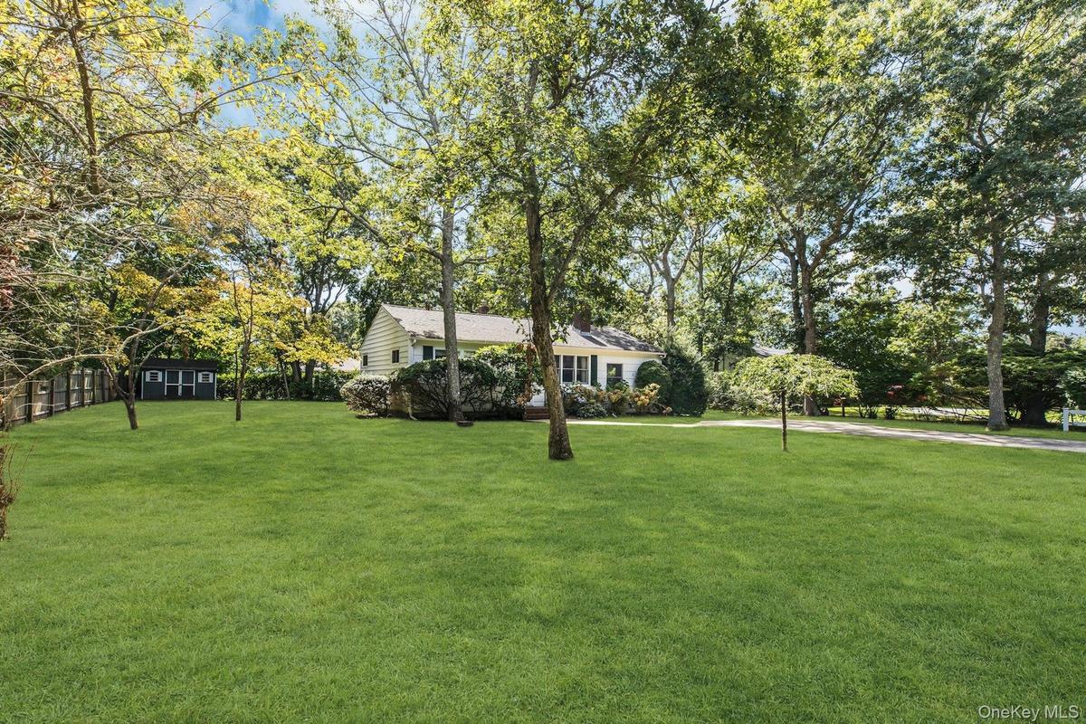 Expansive green lawn with mature trees and a fenced perimeter