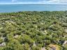 Expansive waterscape, lush tree canopy, residential buildings, and curvilinear street patterns