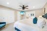 Bedroom with french doors, carpet flooring, a closet, ceiling fan, and recessed lighting