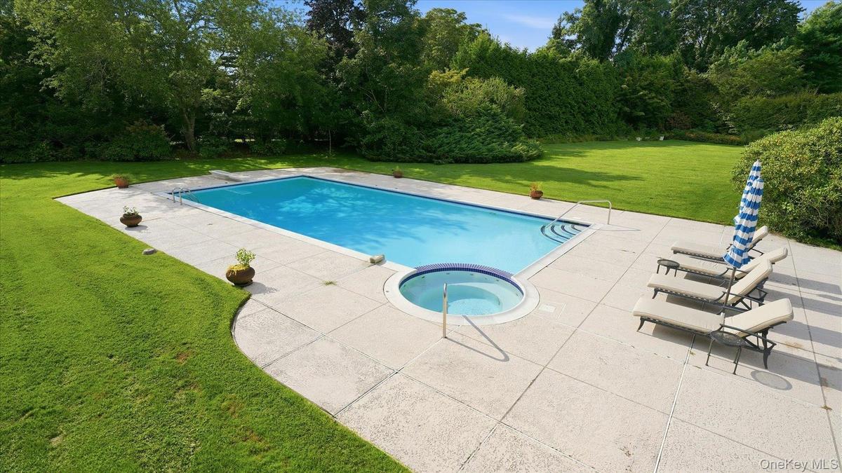The pool with jacuzzi spa.  Note mature landscaping for privacy