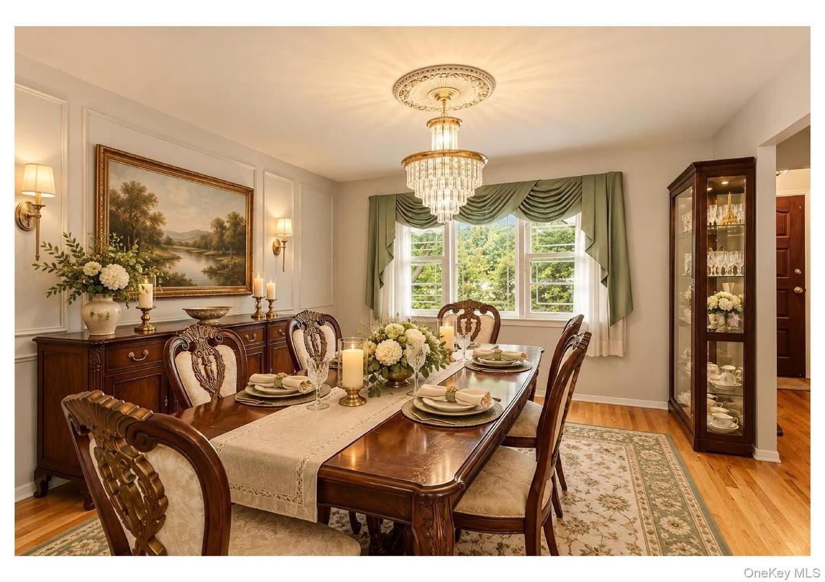 Formal dining space featuring hardwood flooring, wainscoting, and a chandelier with a decorative medallion