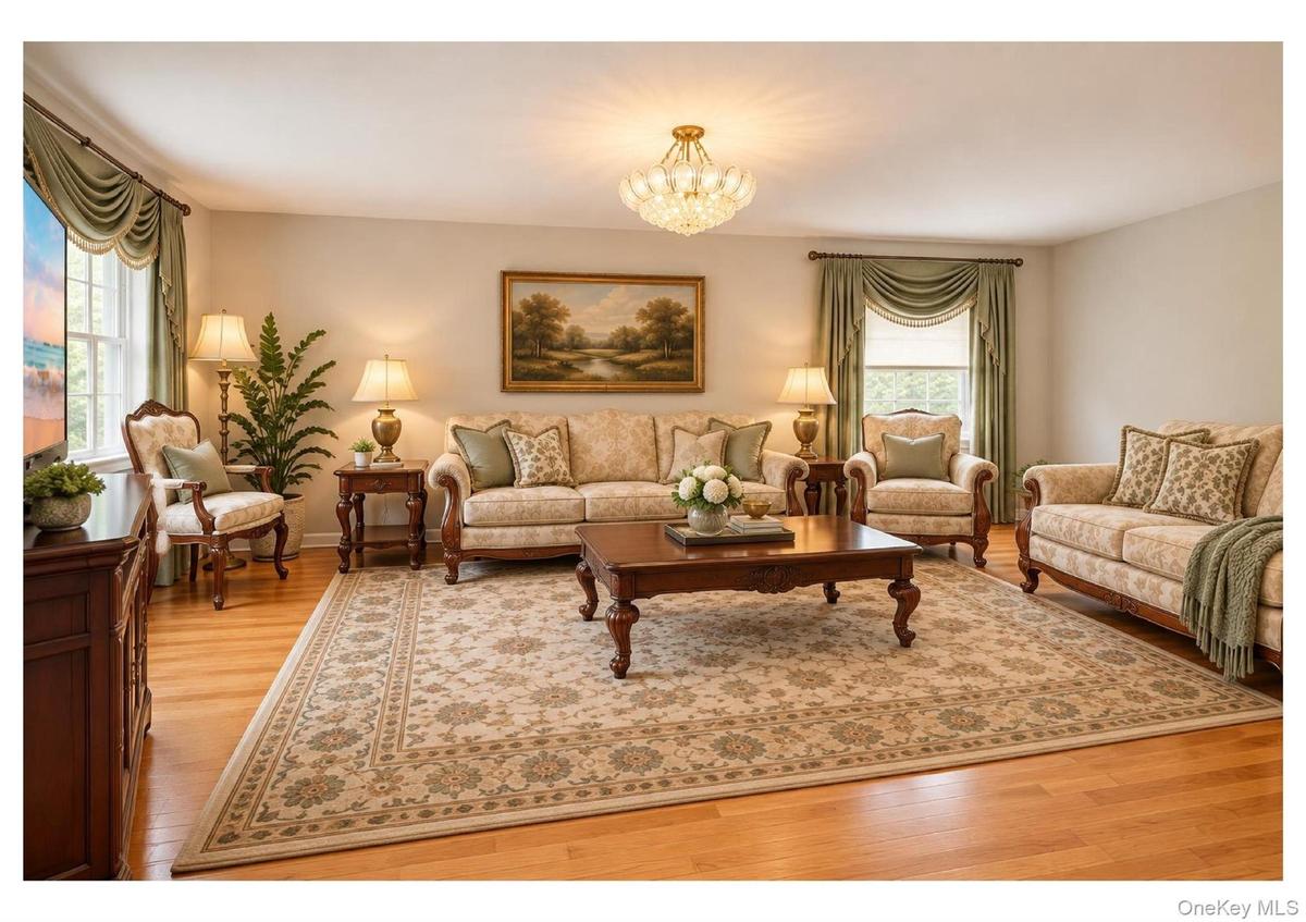 Hardwood flooring, neutral wall tones, decorative ceiling light fixture, window with drapery