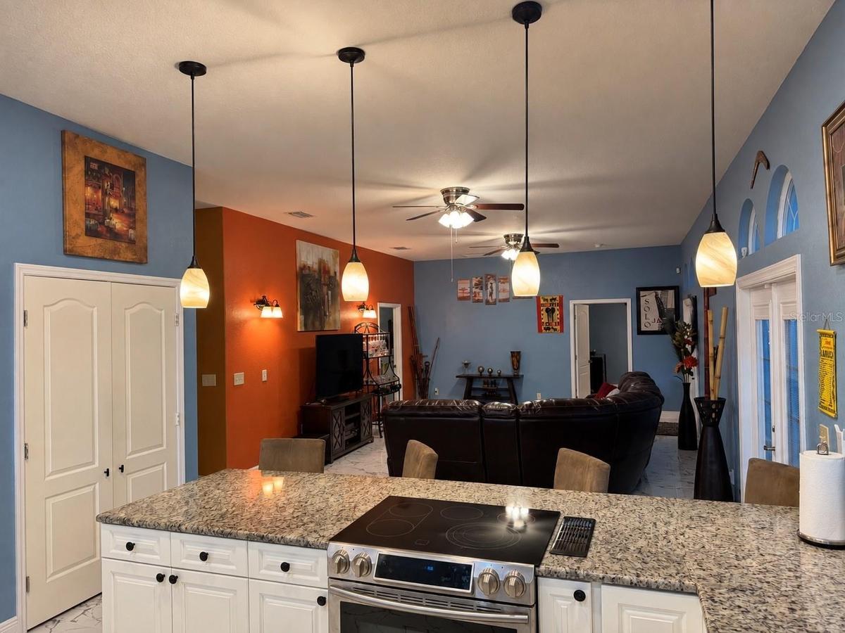 Granite counters and pendant lighting