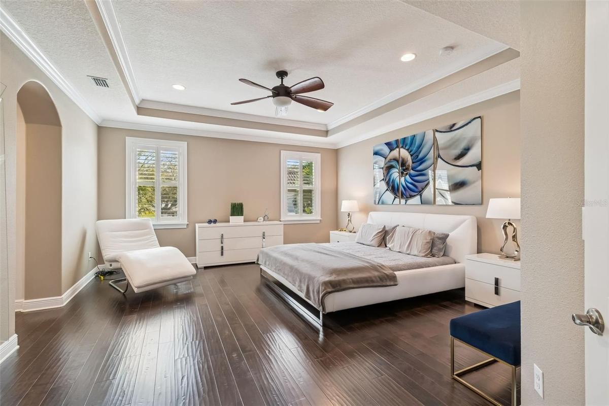 A light-filled primary suite with a tray ceiling and no carpet