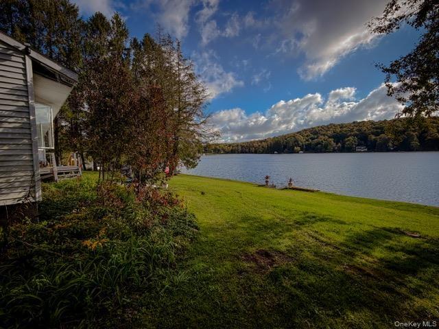Expansive waterfront lawn featuring mature trees and established landscaping