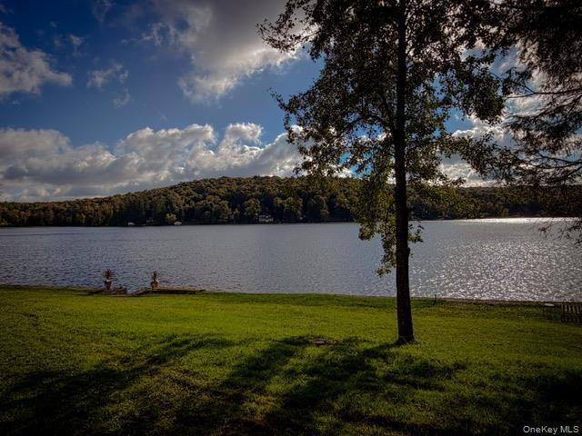 Expansive waterfront property featuring a manicured lawn, mature trees, and a substantial body of water