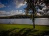 Expansive waterfront property featuring a manicured lawn, mature trees, and a substantial body of water